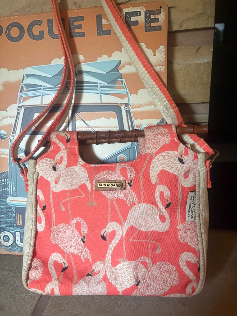 Coral Flamingo Print Canvas Crossbody Bag
